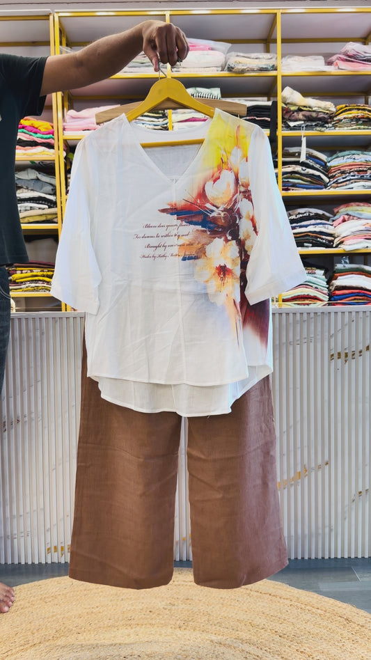 WHITE PRINT TOP WITH LINEN COMFORTABLE TROUSER PANT SET