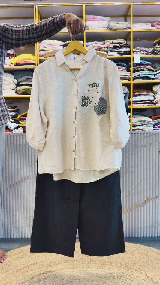 OFF WHITE EMBROIDERY SHIRT WITH LINEN COMFORTABLE TROUSER PANT SET