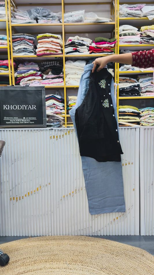 BLACK  EMBROIDERY SHIRT WITH COMFORTABLE LINEN PANT SET